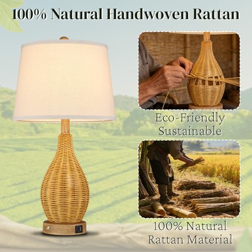 Hamilyeah 23" Farmhouse Table Lamp with Bulb Included and USB Charging Ports, Boho Bedside Lamp with Fabric Shade, Woven Rattan Nightstand Lamp for Bedroom, Living Room, Office - color: Wood