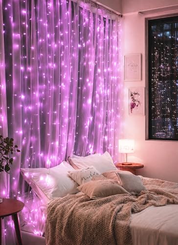 Brightown 300 LED Pink Fairy Curtain Lights, 9.8ft x 9.8ft String Lights, USB Plug in 8 Lighting Modes Christmas String Hanging Lights with Remote for Bedroom Indoor Outdoor Party Xmas Pink 1 Pack - color: Pink, size: 1 Pack-300 LED-USB Plug