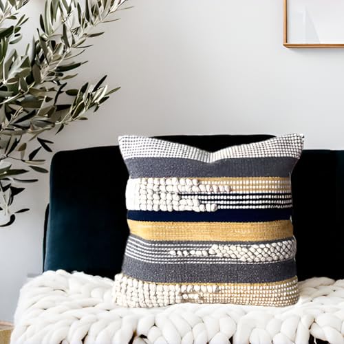Decorative Boho-Chic Textured Throw Pillow Cover 20x20 Handwoven Pillows for Couch Wool/Cotton Moroccan Pillow for Home Decor | Made in India (Black/Gray) - color: Black Yellow Grey