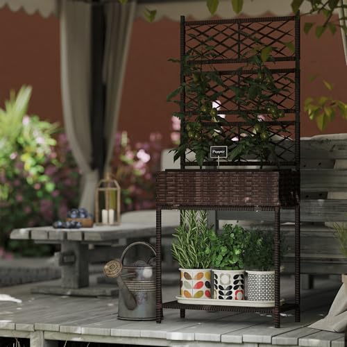 Outsunny Raised Garden Bed with Trellis, Outdoor Wicker Planter, Freestanding Rattan Planter Stand with Storage Shelf for Climbing Plants, Flowers, Herbs, Vegetables, Brown - color: Brown