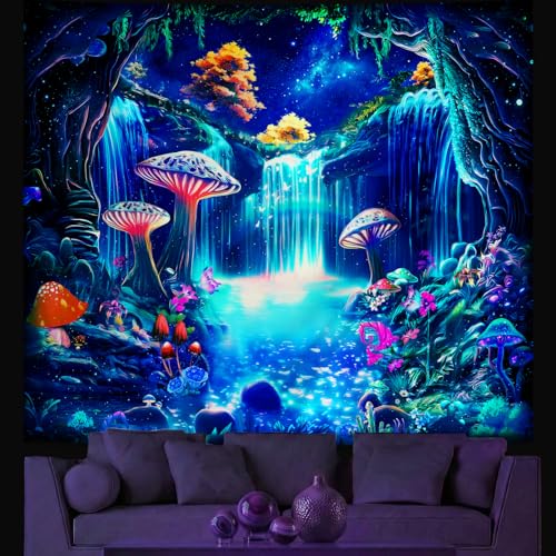 Alened Blacklight Fantasy UV Reactive Waterfall Mushroom Decor for Bedroom, Galaxy Neon Butterfly Tapestries, nature forest tapestry Wall (51'' x 60'') - color: blacklight tapestry, size: 60"L x 51"W