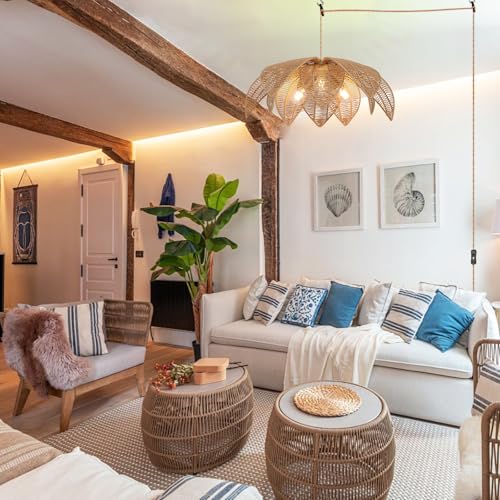 Rattan Plug in Pendant Light with 15FT Hemp Rope Cord Boho Light Fixture Can accommodate 3*E26 Bulbs of Woven Wicker Chandelier for Living Room Bedroom Dinning