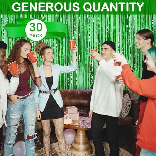 30 Pack Green Foil Fringe Curtain Backdrop, 3.3x8.2 Feet Metallic Tinsel Streamer Curtains Photo Booth Props for Birthday/Wedding/Bachelorette/Baby Shower/Christmas/New Year/Disco Party Decorations - color: Green