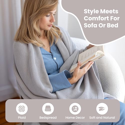 Dalisa 100% Organic Turkish Cotton Throw Blanket - GOTS Certified, Cozy - Perfect for Couch, Bed, and Home Decor - Boho Vintage Knit Alina (Harbor Mist, 50x60) - color: Harbor Mist, size: 50x60