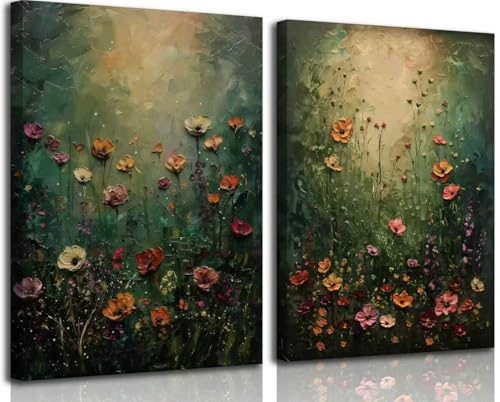 2Psc Vintage Framed Canvas Wall Art Dried Flowers Painting Picture Wall Decor Retro Moody Floral Botanical Poster Print Artwork for Bathroom Bedroom Living Room Gallery Home Decoration - color: Retro dark floral, size: 24"L x 16"W