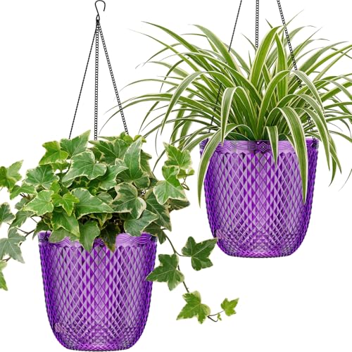 QCQHDU Hanging Planters for Indoor Plants, 2-Pack, 7.2 Inch, Purple | Plastic, Self Watering Plant Hanger, with Drainage Holes, 3 Hooks Chains, For Garden Home - color: Purple, size: 7.2in