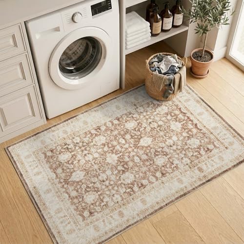 jinchan 3x5 Washable Vintage Area Rug, Distressed Traditional Floral Entryway Accent Rug, Soft Low-Pile Non-Slip Floor Mat for Indoor Foyer, Kitchen Sink Bedroom Bathroom Vanity, Taupe - color: Oriental Taupe, size: 3' x 5' (Rectangular)