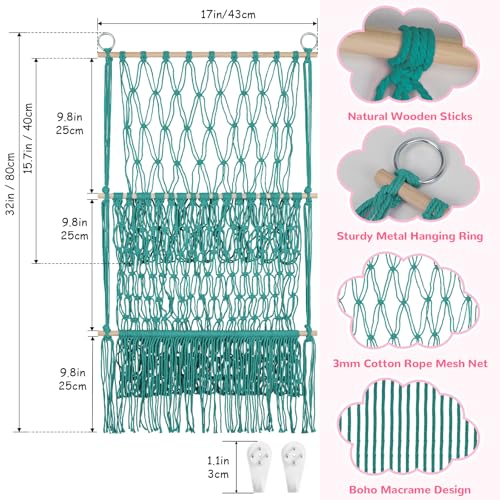 2 Tier Stuffed Animal Storage Shelf Net, 17x32Inch Large Stuffed Animal Organizer Holder Display for Mini Medium Stuffy, Aqua Boho Macrame Wall Plushies Stuffy Storage for Nursery Decor - color: Aqua, size: Large-2 Tier-17x32 Inch