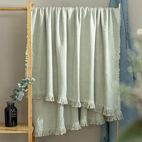 GLORY SEASON 100% Cotton Throw Blanket with Fringe Tassels Wraps Cover for Bed Couch and Living Room Sofa,Chair 50x60 Inches, Green - color: Morandi Green