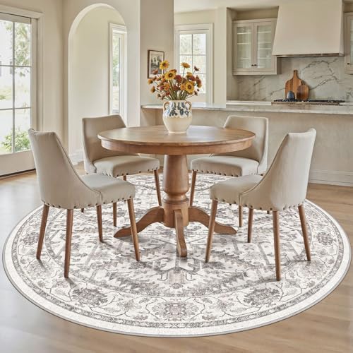 8x8 Round Area Rugs for Living Room-Washable Soft Large Vintage Rug Non-Slip Stain Resistant Traditional Stain Resistant Indoor Floor Low Pile Carpet for Bedroom Dining Room or Home Office- White - color: White, size: 8' x 8'