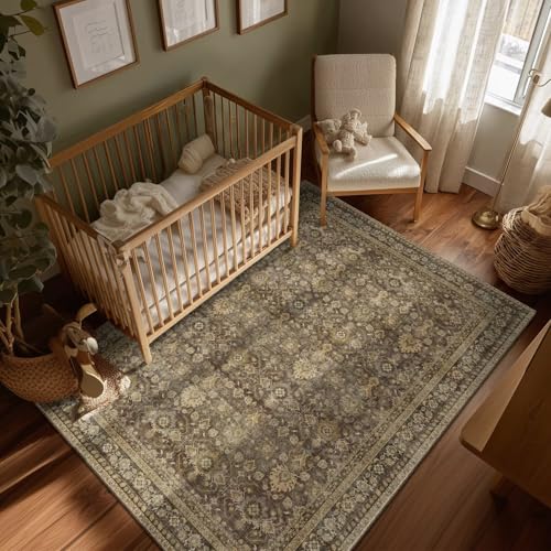 Washable 5x7 Area Rugs for Living Room, Boho Non-Slip Vintage Rugs for Bedroom Dining Room Nursery Office, 0.3" Neutral Oriental Throw Thin Carpet with Cushioning, Red/Brown/Multi, C4 - color: Deep Brown/Multi, size: 5' x 7' (Rectangular)