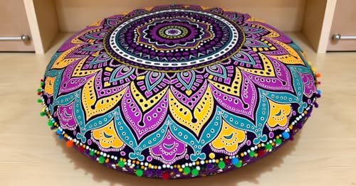 Round Mandala Floor Pillow Cover Seating Cushion Throw Cover Ottoman Pouf Cover Pom Pom Pillow Cases Hippie Decorative Bohemian Boho Indian 22 Inches (New Pink) - color: New Pink