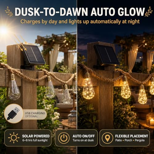 Boho Fairy String Lights Outdoor Backyard Solar String Lights LED for Garden Patio Porch Decor USB Waterproof Shatterproof Bulbs 8 Modes Edison Night Lamp Party Gift(33ft 24Lights,Colorful Normal) - color: 33ft 24Lights, size: Colorful Normal