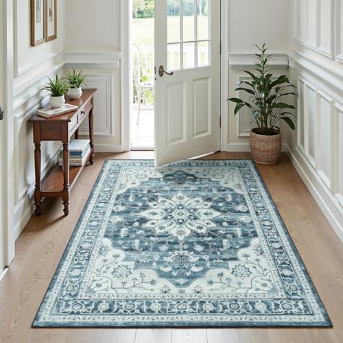 3x5 Large Entryway Rug Indoor, Coastal Blue White Non-Slip Backing Area Rugs for Kitchen - Vintage Boho Distressed Washable Rug, Soft Low Pile Carpet for Office, Lounge, Bedroom Bedside - color: Coastal Blue White, size: 3' x 5' (Rectangular)