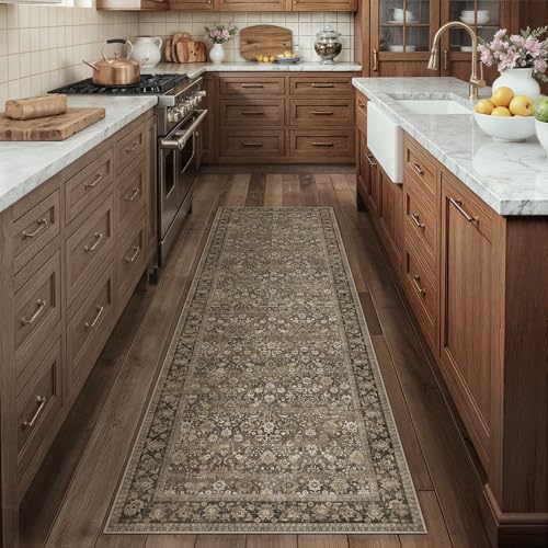 HUGEAR 2x12 Runner Rug Machine Washable Brown Hallway Area Rug Indoor Accent Rug Floral Low Pile Carpet Soft Throw Rug Bedroom Living Room Office Dining Room Kitchen Laundry Room Non Slip - color: Floral | Brown, size: 2' x 12' (Runner)