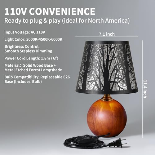 11.4" Rustic Forest Small Table Lamp, Solid Wood Base & Metal Tree Shade with 3-Color Stepless Dimmable Bedside Lamp, Nightstand Light for Bedroom & Living Room, Bulb Included - color: Forest Shade + Solid Wood Base