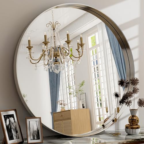 32 Inch Round Bathroom Mirror - Wall Mounted Circle Mirror with Metal Frame, Modern Style Suitable for Bathroom, Vanity, Entryway, Living Room, Wall Decor,Silver - color: Silver, size: 32"L x 32"W