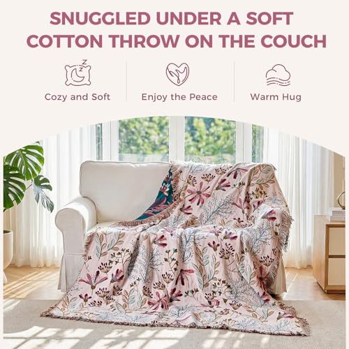 LUTBM Boho Throw Blanket for Couch Sofa Chair Cotton Summer Blankets for Bedroom Living Room All Season Lightweight Reversible Floral Embroidery Throws 50"x60" - color: Floral Green, size: 50"×60"