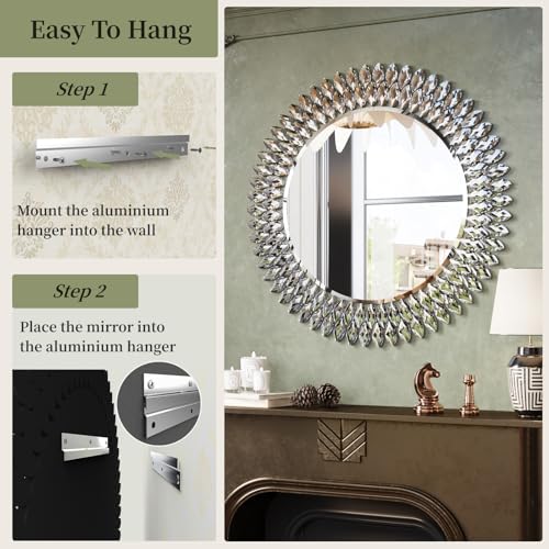 Kelly Miller 36" Jeweled Luxury Round Decorative Wall Mirror | Elegant diamond beveled vanity mirror. Perfect wall mirror for living room, bedroom, entryway. - size: 28"L x 28"W