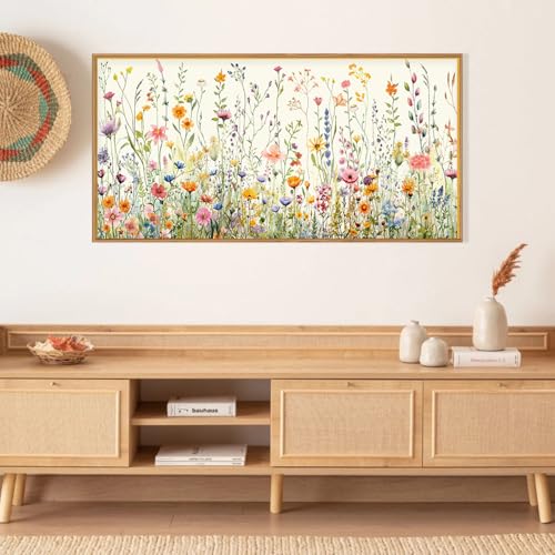 HPINUB Colorful Flower Framed Canvas Wall Art Set, Watercolor Daisy Floral Wall Decor, Wildflower Green Leaf Wall Painting, Multicolour Botanical Art Print for Living Room, Bedroom, Office -20"x40" - color: Colorful Wildflower Wall Art(wood Framed), size: