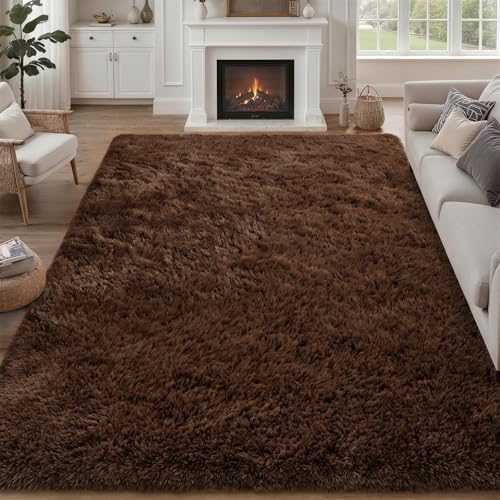 Fluffy Area Rugs 9x12 Living Room Bedroom: Ultra Soft Shag Rug Upgrade Non-Slip Non-Shedding Large Fuzzy Plush Carpet Indoor Floor Carpets for Kids Room Playroom Nursery Dorms Home Decor Brown - color: Brown, size: 9' x 12' (Rectangular)