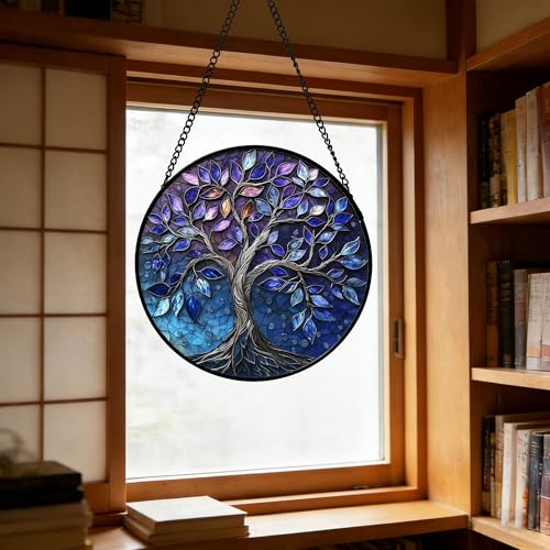 DASTOLL Stained Glass Window Hanging, Blue Purple Tree of Life Sun Catchers Colorful Glass Panel Plants Suncatcher Decor for Birthday for Women,Men,Wife, Lovers, and Mom 6.3 in - color: Blue Purple, size: 6.3x6.3 IN