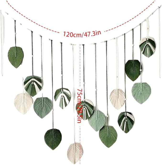 M MANUAL Macrame Leaves Wall Hanging 47.3x29.5Inch Large Chic Feather Boho Macrame Wall Decor Leaf Hanging Photo Display Handmade Woven Wall Art 16pcs Leaf Tapestry - Green