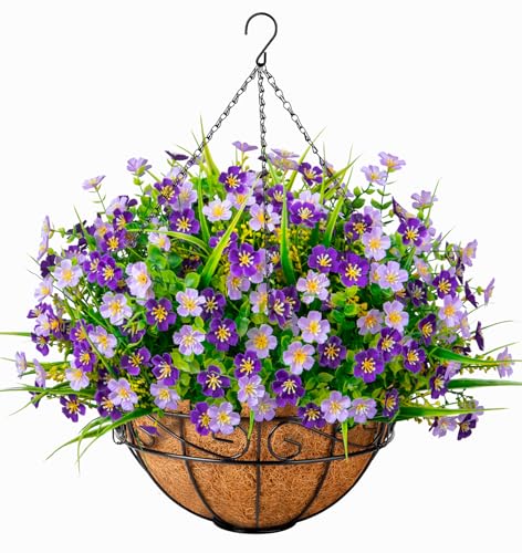Ouddy Decor Artificial Hanging Flowers with Basket, Faux Silk Flowers in Coconut Lining Basket, Spring Summer Outdoor Decor Fake Hanging Plants for Garden Patio Yard Porch Lawn, Purple - color: Purple
