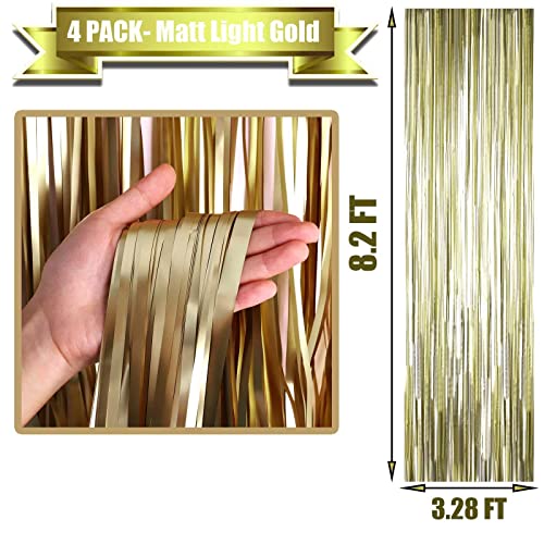 4 Pack Light Gold Foil Fringe Curtain Backdrop, 3.28Ft x 8.2Ft Metallic Tinsel Foil Fringe Streamer Curtains for Party, Photo Booth Props, Birthday, 2022 Graduation Party Supplies - color: Light Gold