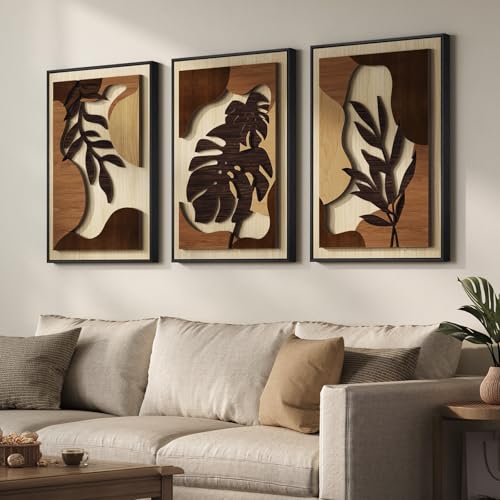 Framed Wood 3D Boho Textured Wall Art for Living Room, Large 3 Piece Carved Wooden Tropical Botanical Artwork for Walls, Brown Monstera Leaf Wood Bedroom Dining Room Home Office Wall Decor, 20x30 Inch - color: Brown, size: 20" W x 30" H x 3Pcs