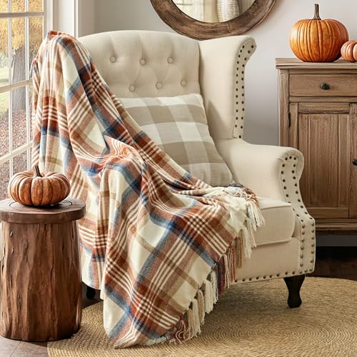 EverGrace Plaid Chenille Throw Blanket for Couch, Super Soft Cozy Decorative Fall Throw Blanket with Tassels for Bed Sofa Farmhouse Decor, Lightweight Harvest Plaid Throw Blanket for Autumn, 60"x80" - color: Plaid Harvest, size: 60"x80"