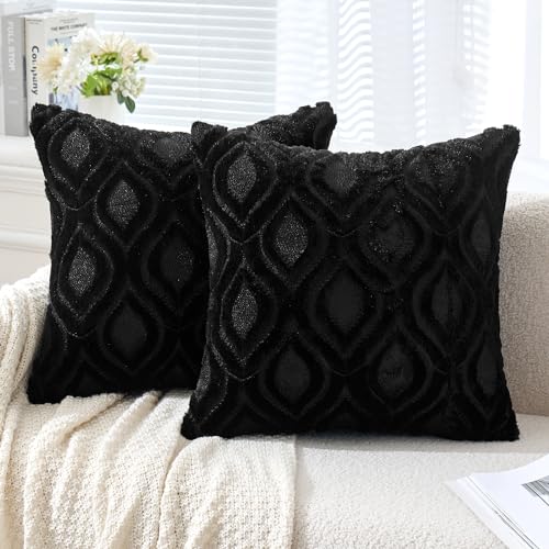 MIULEE Black Throw Pillow Covers 18x18 Inch, Soft Winter Plush Faux Wool Couch Pillow Covers Set of 2 Decorative Farmhouse Boho Throw Pillows for Sofa Living Room Bed - color: Black, size: 18" x 18" (Pack of 2)