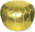 Stuffed Round Design Moroccan Faux Leather Pouf Ottoman, Handmade, Pre-Filled, 100% Genuine Leather, 13” Height x 20” Diameter, Footstool & Living Room Décor (Gold)