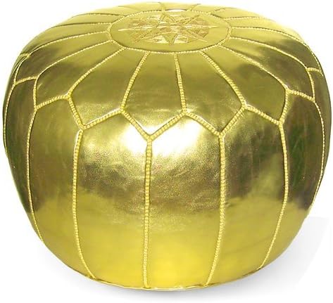 Stuffed Round Design Moroccan Faux Leather Pouf Ottoman, Handmade, Pre-Filled, 100% Genuine Leather, 13” Height x 20” Diameter, Footstool & Living Room Décor (Gold)
