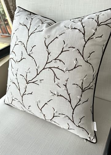 VAGMINE Embroidered Branch Botanical 18x18 Throw Pillow Cover - Ivory Cotton Square Cushion for Sofa Couch Bed - Cottagecore Farmhouse Spring Decor - Pussy Willow - color: Ivory-pussy Willow, size: 18" x 18" (Pack of 1)