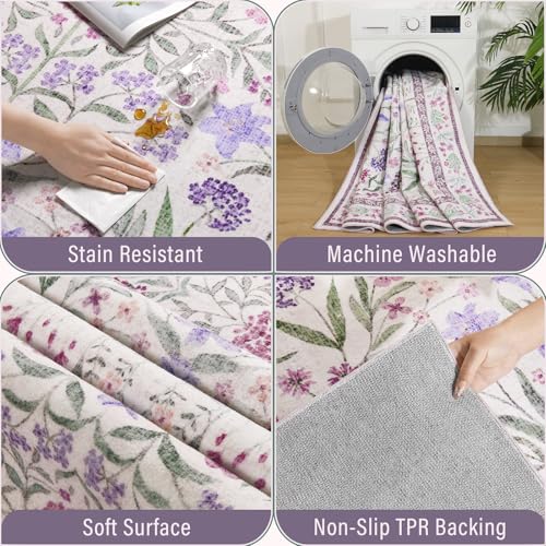 Amearea 8x10 Area Rugs for Living Room, Washable Area Rugs 8 x 10 Purple Floral Rug, Vintage Low Pile Cute Kids Girls Room Print Carpet, Non Slip Office Nursery Bedroom Dining Room Farmhouse Decor - color: Purple, size: 8x10 Feet