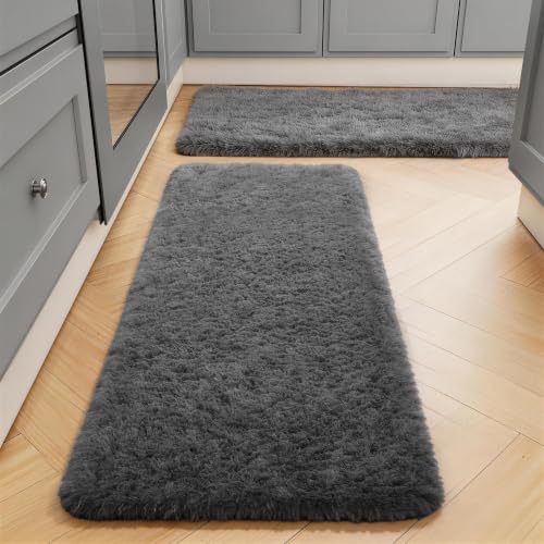 Ophanie Runner Rug for Hallway, 2x6 Washable Non-Slip Fluffy Soft Bedside Rugs 2 Pack, Bedroom Living Room Shaggy Gray Carpet for Kids Girls Boys Dorm Nursery Decor,Grey with Over 99 pcs Pile fibers - color: 1- Grey, size: 2' x 6' (Rectangular) Pack of 2