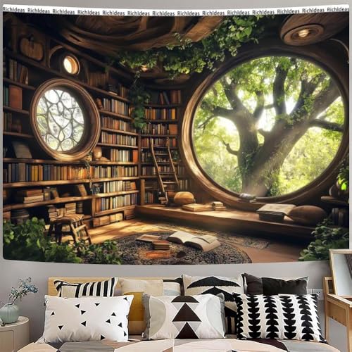 RichIdeas Tree Bookshelf Wall Tapestry Window Tapestries Wall Hanging Bookshelf Tapestries Decor for Windowless Office Room Bedroom Living Room Home Decor - color: Yellow-1, size: Customsize