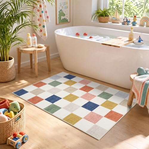 GarveeHome Checkered Colorful Rainbow Small 2x3 Washable Rug Door Mat Geometric Modern Soft Low-Pile Stain Resistant Kids Rug for Entryway Bedroom Bathroom Kitchen Non-Slip TPE Backing - color: Colorful, size: 2' x 3' (Rectangular)