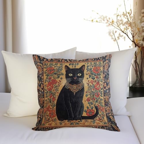 YOU FOUND ME William Morris Abstract Vintage Black Cat Design Throw Pillow Cover Home Decor, Art Decor Pillowcase Cushion Cover for Bed Sofa Living Room, Indoor and Outdoor 18x18inch (Black Cat4) - color: Black Cat4