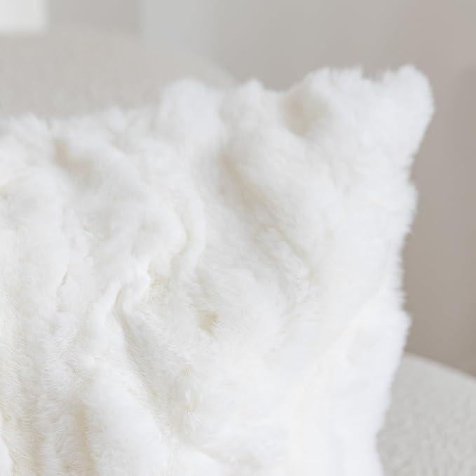 MOOX Rabbit Fur Throw Pillow Covers Decorative Fluffy Soft Fuzzy Plush Luxury Genuine Animal Skin Lumbar Pillow 12"x20" Cushion Cover, Sofa, White