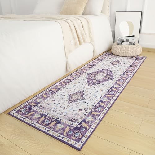 Amearea Vintage Design Area Rugs for Living Room, 2x6 Machine Washable Floral Collection Traditional Bedroom Rug, Low Pile Cute Kids Room Print Carpet, No Slip Office Kitchen Home Decor, Purple - color: Purple, size: 2' X 6' (Runner)