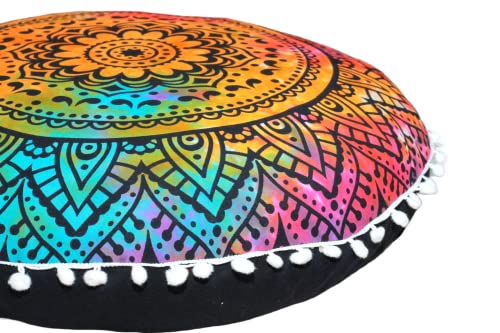 Round Mandala Floor Pillow Cover Seating Cushion Throw Cover Hippie Decorative Bohemian Ottoman Pouf Cover, Pom Pom Pillow Cases,Boho Indian 22 Inches (Multi Flower) - color: Multi Flower
