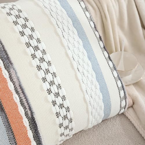 Boho Pillow Covers 18x18 Set of 2 Farmhouse Decorative Throw Pillow Covers Chenille Striped Pillow Cases Accent Pillowcases for Fall Autumn Home Decor,Orange and Blue - color: Orange-blue Stripe, size: 18" x 18" (Pack of 2)