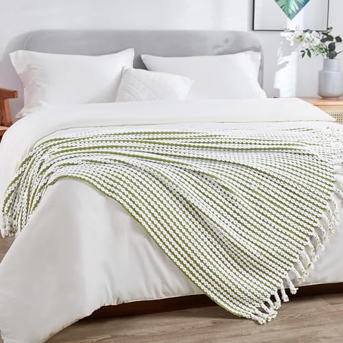 Striped Knit Throw Blanket with Braided Tassels 50" x 60", Hand Knitted Soft Chunky Chain Design Boho Farmhouse Blanket, Two Tone Tassel Decor Throw for Couch Bed Sofa Outdoor, Olive White - color: Olive White