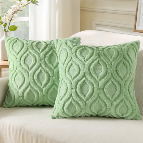 decorUhome Throw Pillow Covers 16x16 Inch Set of 2, Soft Plush Faux Wool Light Sage Green Solid Couch Pillow Covers, Accent Farmhouse Neutral Square Pillow Cases for Sofa Bed Living Room - color: Light Sage Green, size: 16" x 16" (Pack of 2)