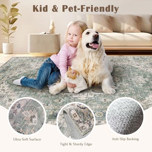 LUXRUG Area Rugs 9x12 Living Room - Large Washable Sage Green Boho Rugs for Bedroom Soft Vintage Rug Ultra-Thin Farmhouse Oriental Medallion Carpet Non Slip Rug for Dining Room Guest Room Home Decor - color: Green, size: 9' x 12' (Rectangular)