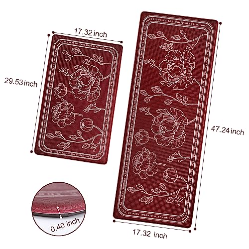 ROTTOGOON Kitchen Floor Mat Set of 2, Cushioned Anti Fatigue Kitchen Mat 17"x47"+17"x29", Non-Slip Waterproof Kitchen Rug, Premium PVC Comfort Kitchen Mats and Rugs for Kitchen, Office, Home, Laundry - color: Red, size: 17"x47"+17"x29"