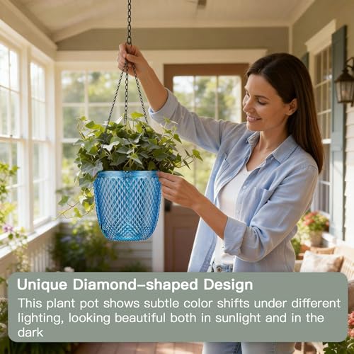 QCQHDU Hanging Planters for Indoor Plants, 2-Pack, 7.2 Inch, Klein Blue | Plastic, Self Watering Plant Hanger, with Drainage Holes, 3 Hooks Chains, For Garden Home - color: Klein Blue, size: 7.2in