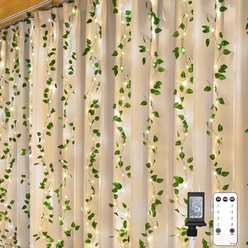 suddus 200 LED Vine with Light Plug in, 6.5ft x 6.5ft Pothos Fairy Curtain Lights with Remote, Leaf Fairy Lights for Wall,Bedroom, Dorm, Wedding, Party, Indoor Decor(Warm White) - color: Pothos, size: Plug In-200led
